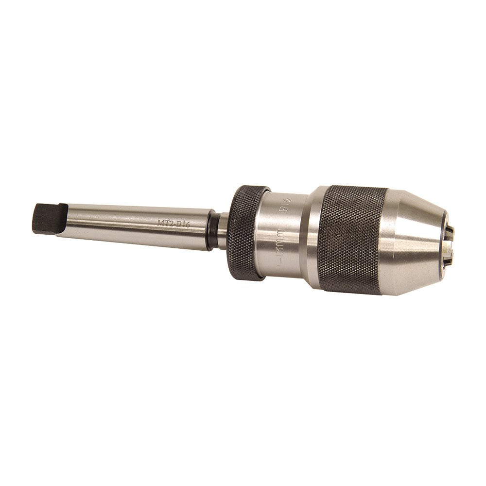 A keyless chuck with no. 2 Morse taper shank and B-16 connection to chuck, predominantly silver in color with black grips.