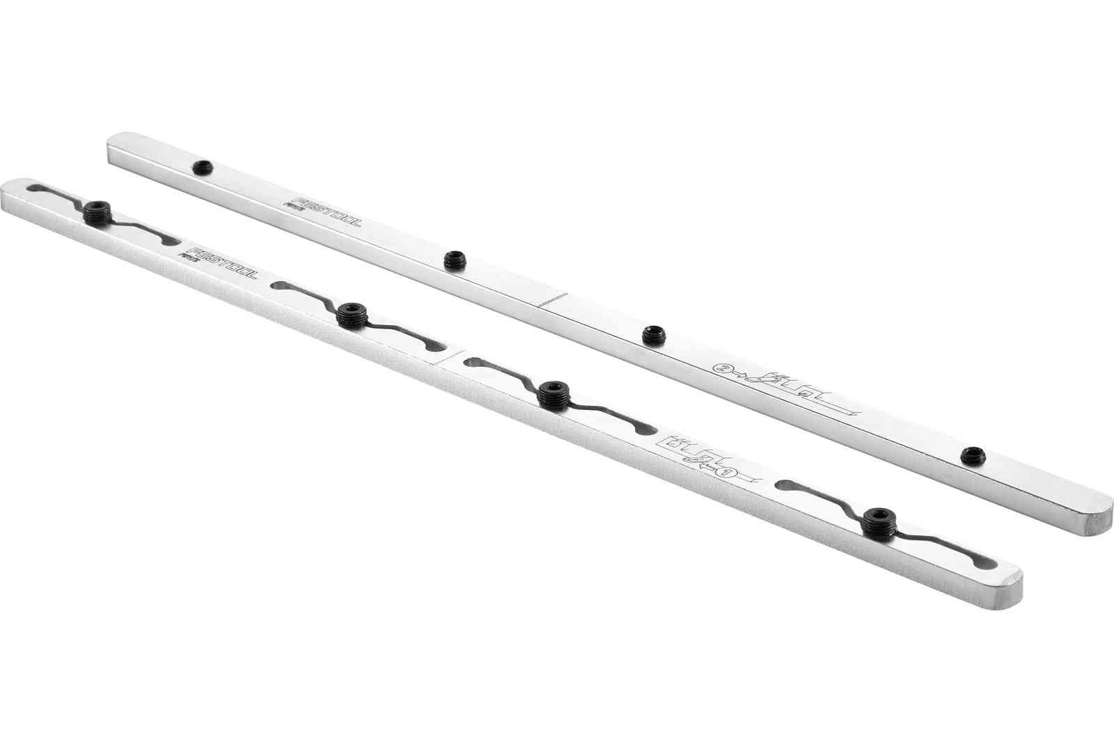 Festool guide rail connector set showing two metal connectors used to join guide rails in a straight, secure alignment.