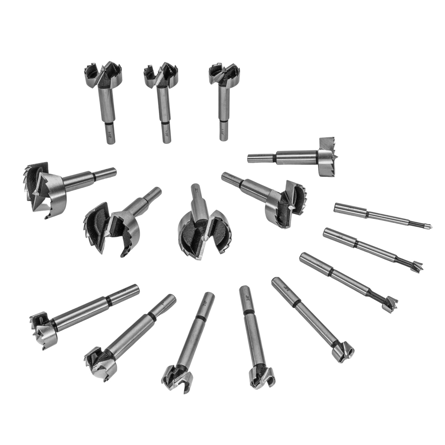 A collection of carbatec combination bit sets with sawtooth and forstner styles, displayed on a white background.