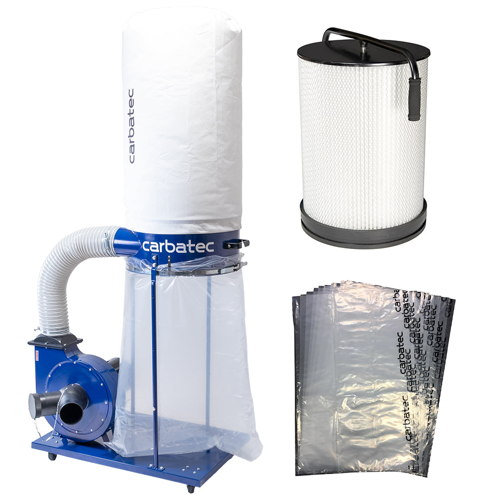 Carbatec 2HP Dust Collector with Pleated Filter Cartridge & Collection Bags Bundle