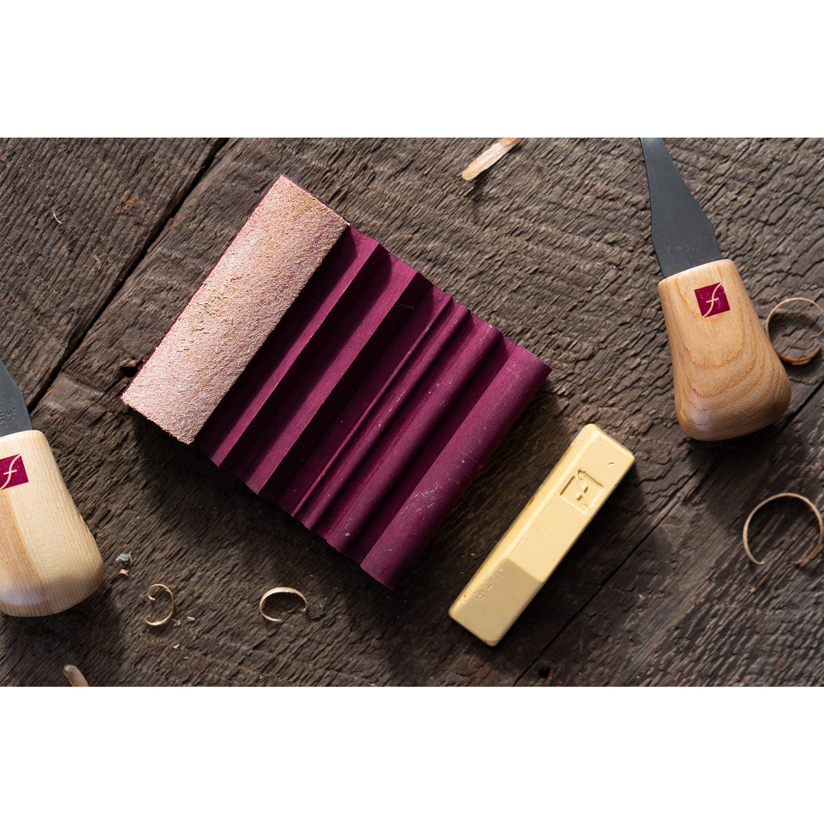 Flexcut Slipstrop Kit with leather strops and Flexcut Gold compound for sharpening carving gouges and V-tools.
