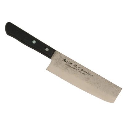 A Japanese Nakiri knife with a black Pakka wood handle and a riveted Molybdenum Vanadium Stainless Steel blade, displaying the text 'Nashi-ji Sweet Potato' on the blade.
