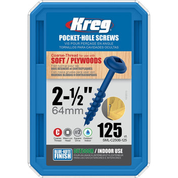 Kreg Pocket Hole Screws - 64mm Coarse/MaxiLoc Head - BlueKote - 125 pack