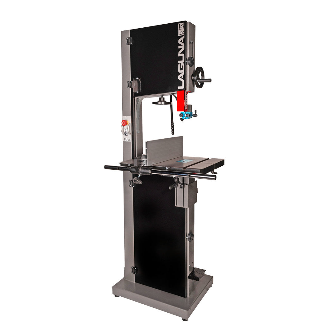 A free-standing Laguna bandsaw with a black finish, featuring a cast iron table, twin extraction ports, and a foot switch.