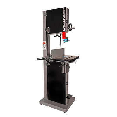 A free-standing Laguna bandsaw with a black finish, featuring a cast iron table, twin extraction ports, and a foot switch.