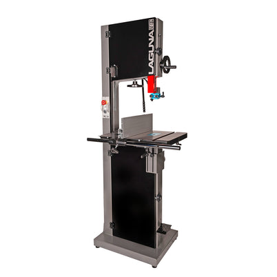 A free-standing Laguna bandsaw with a black finish, featuring a cast iron table, twin extraction ports, and a foot switch.
