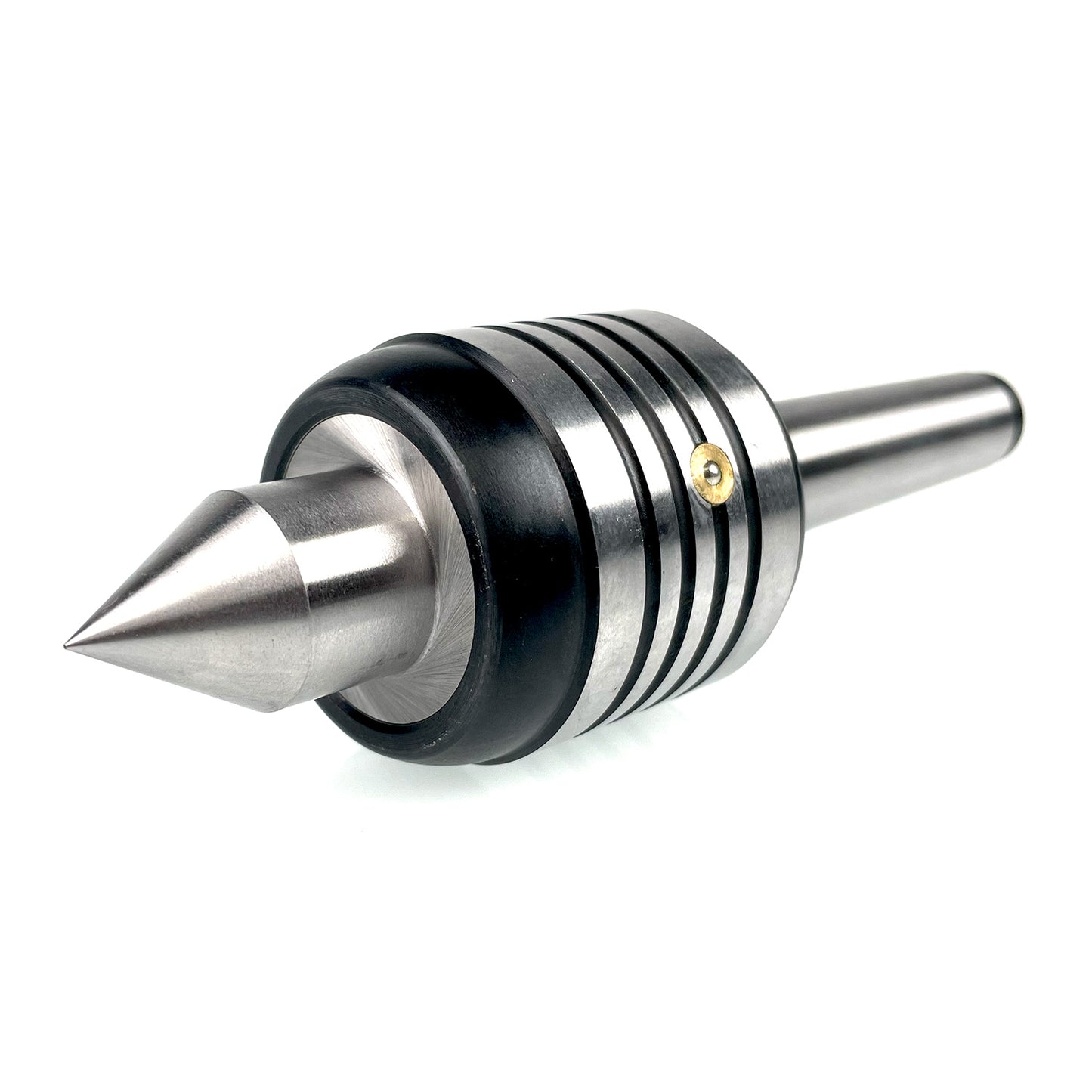A live centre for a woodturning lathe, featuring a metal construction with a black band and a sharp, pointed end.
