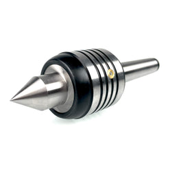 A live centre for a woodturning lathe, featuring a metal construction with a black band and a sharp, pointed end.