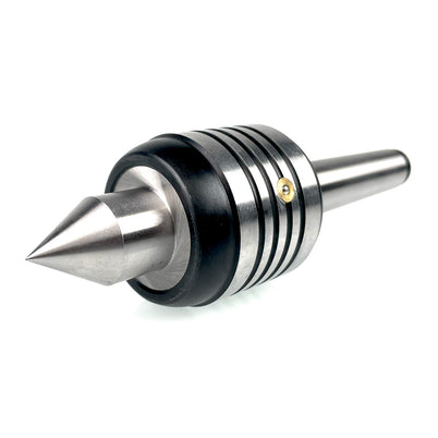 A live centre for a woodturning lathe, featuring a metal construction with a black band and a sharp, pointed end.