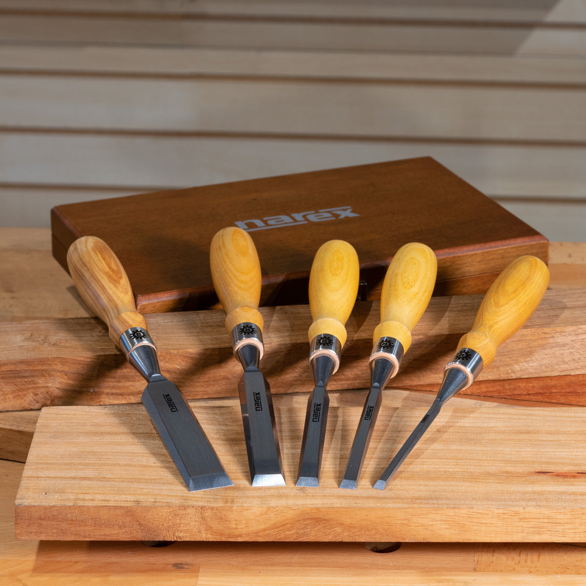 Narex Premium Richter Cryogenic 5pc Bevel Edge Chisel Set in Wooden Case