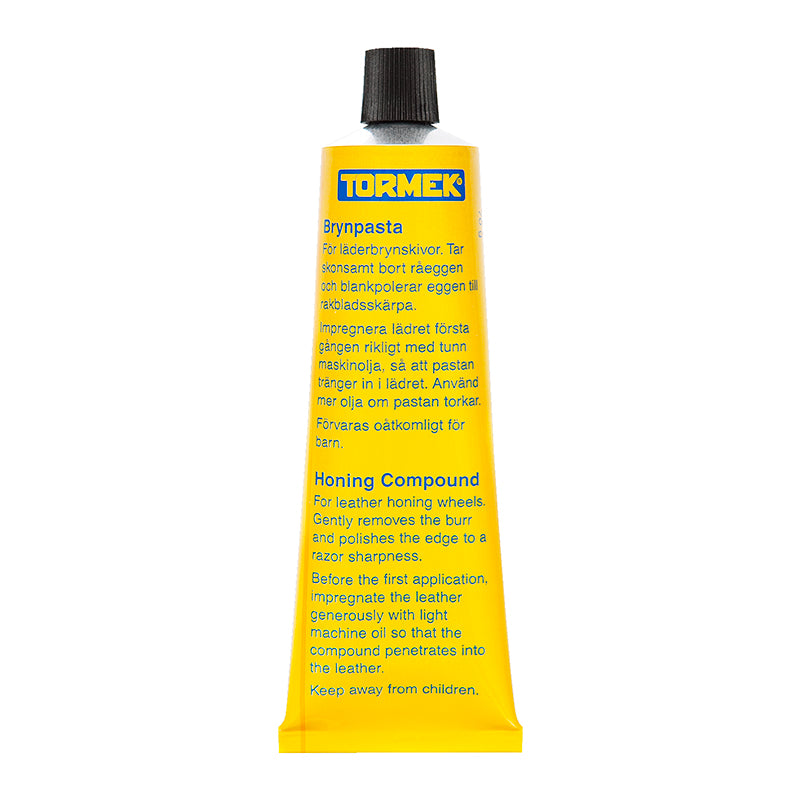 Tormek Honing Compound for achieving polished, ultra-sharp tool edges on the leather honing wheel.