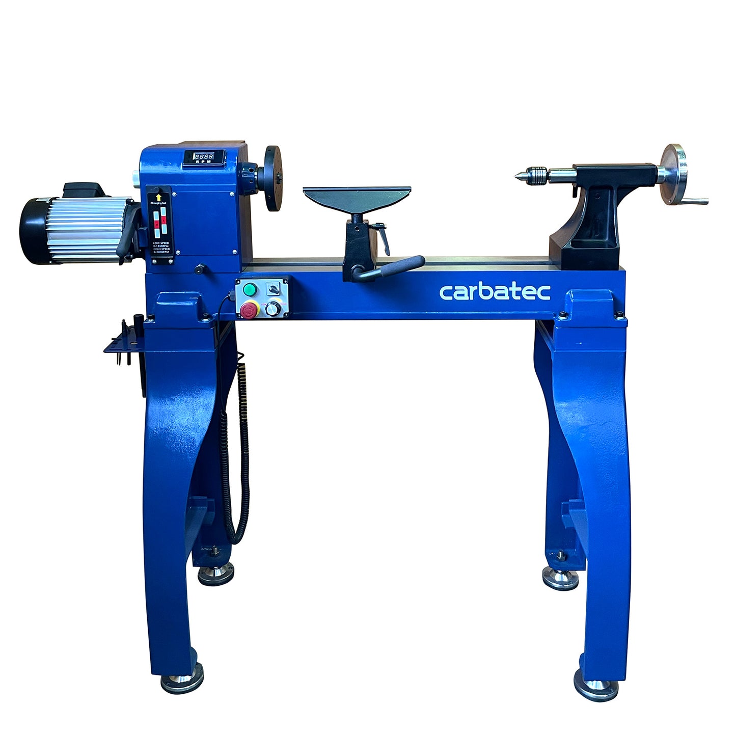 Carbatec Deluxe Electronic Variable Speed Floor Model Lathe, predominantly blue with black and gray accents, designed for woodturning.